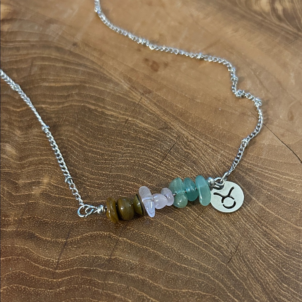 Silver Necklace with Taurus Charm & Multicolor Beads